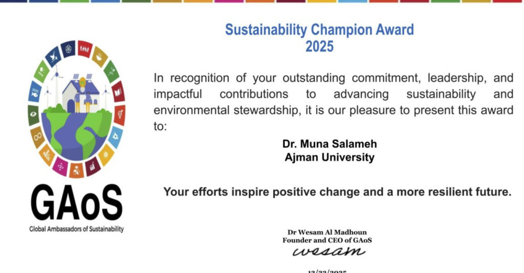 Ajman University’s Dr. Muna Salameh Honored with Global Sustainability Champion Award 2025